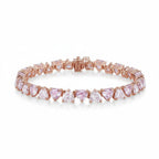 My Store 4 tennis bracelet featuring alternating pink and white heart-cut stones set in polished rose gold.