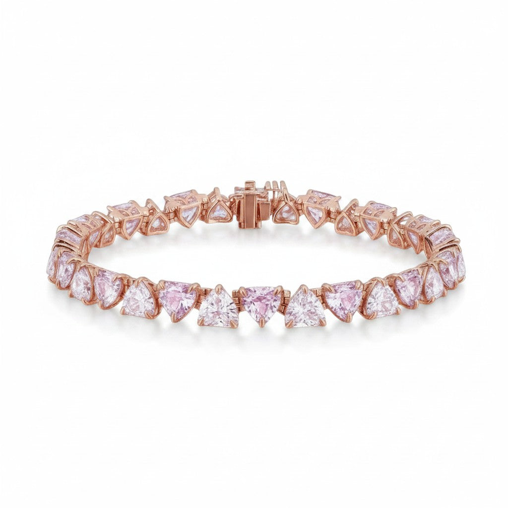 My Store 4 tennis bracelet featuring alternating pink and white heart-cut stones set in polished rose gold.