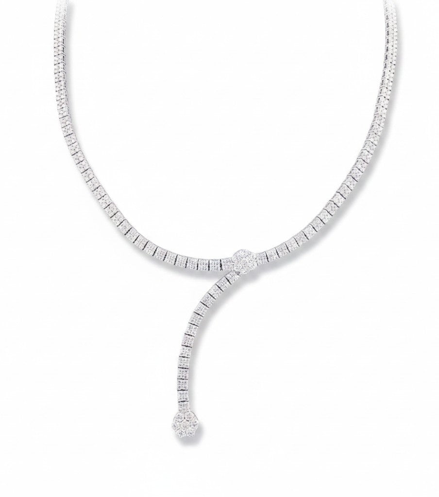 My Store 4 princess-cut diamond lariat bridal necklace in white gold with floral cluster accents.
