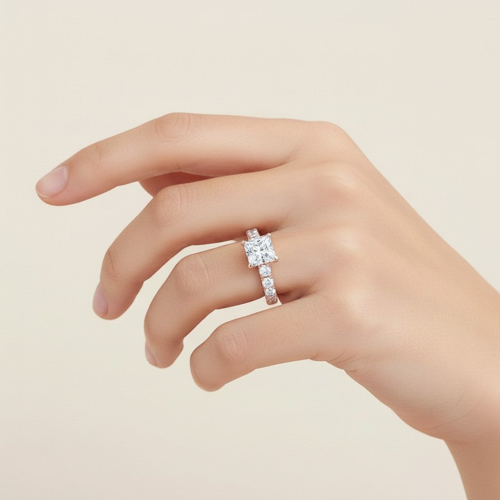 My Store 4 18K solid gold princess-cut lab diamond engagement ring set with pavé band worn on a woman's hand