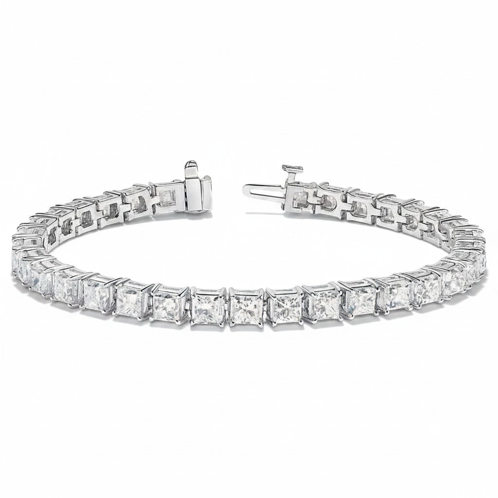 My Store 4 custom princess cut diamond tennis bracelet in white gold with a secure box clasp.