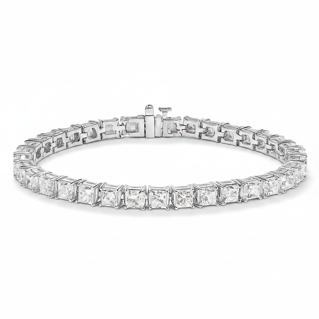 My Store 4 custom princess cut diamond tennis bracelet in white gold with a secure box clasp and articulated links.