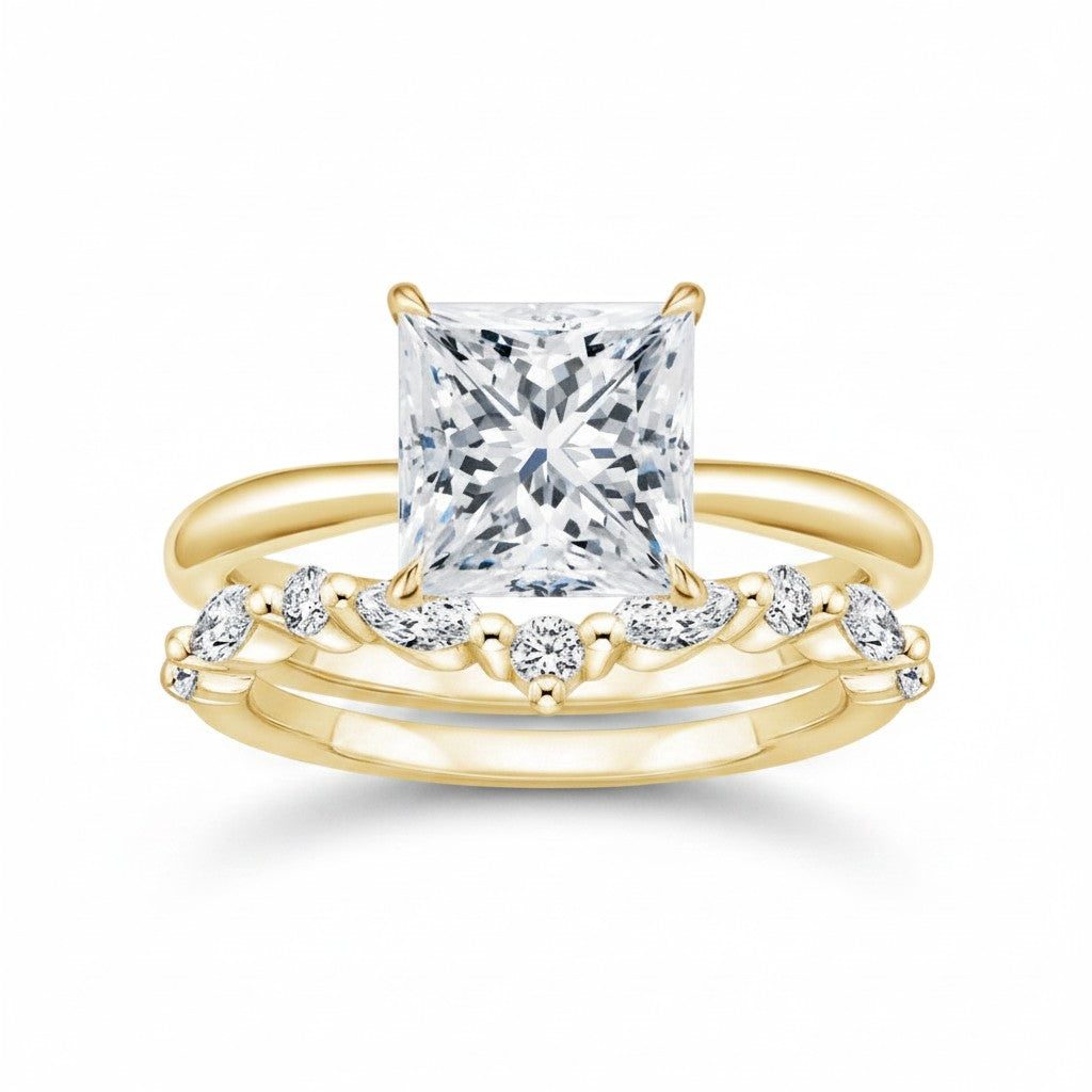 My Store 4 18K solid gold princess-cut lab diamond bridal ring set with sparkling accent stones on a white background.