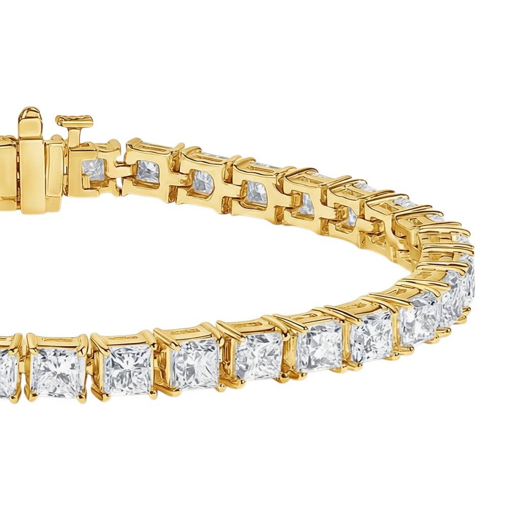 My Store 4 custom princess cut diamond tennis bracelet in yellow gold with secure box clasp and articulated links
