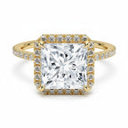 My Store 4 princess cut engagement ring with a square halo and pavé band in polished yellow gold