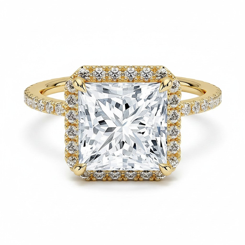 My Store 4 princess cut engagement ring with a square halo and pavé band in polished yellow gold