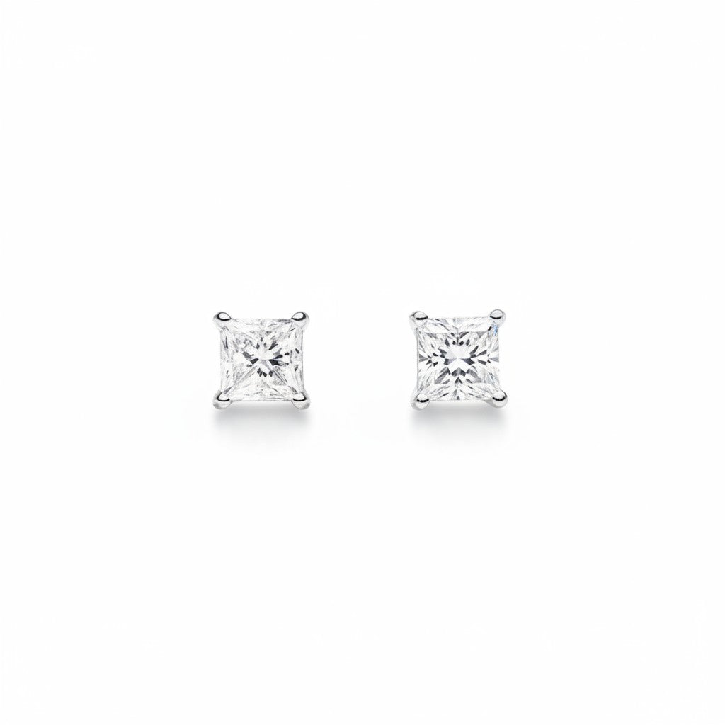 My Store 4 18K solid gold princess-cut lab diamond stud earrings with 0.5 carat total weight on a white background.