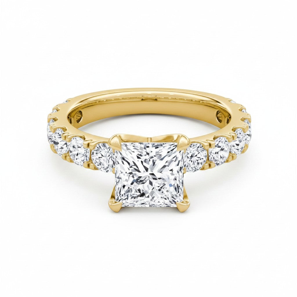 My Store 4 18K solid gold engagement ring set featuring a princess-cut lab diamond and pavé band.