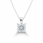 My Store 4 princess-cut diamond solitaire pendant in white gold on a delicate cable chain against a white background.