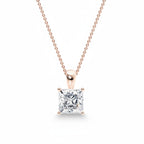My Store 4 princess-cut diamond solitaire pendant on a delicate rose gold cable chain with a polished drop bail.