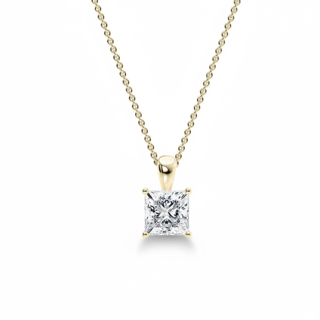 My Store 4 princess-cut diamond solitaire pendant necklace in 18K yellow gold with a delicate cable chain.