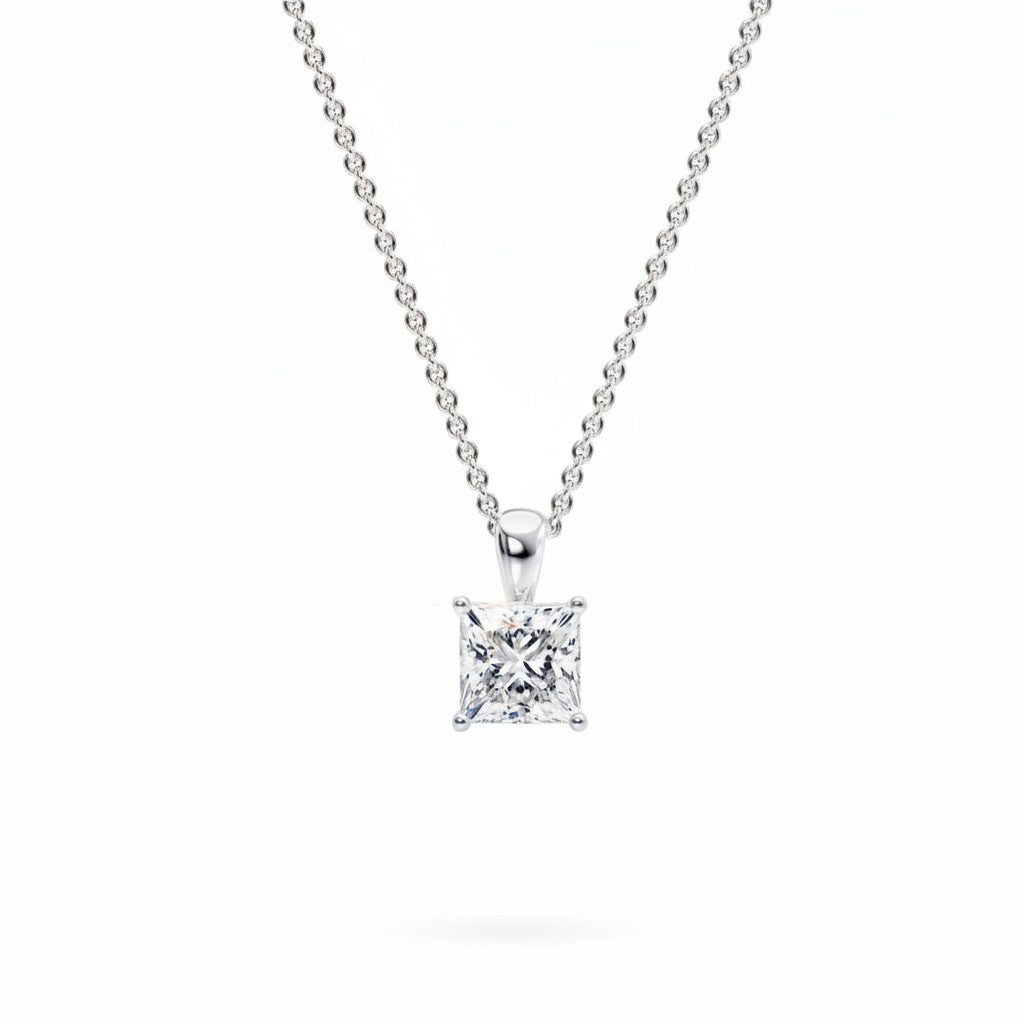 My Store 4 princess-cut diamond solitaire pendant necklace in white gold with a delicate cable chain.