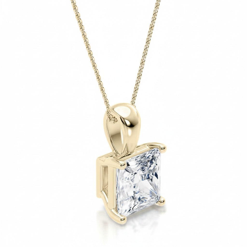 My Store 4 princess-cut diamond solitaire pendant in 18K yellow gold with a polished drop bail on a fine cable chain.