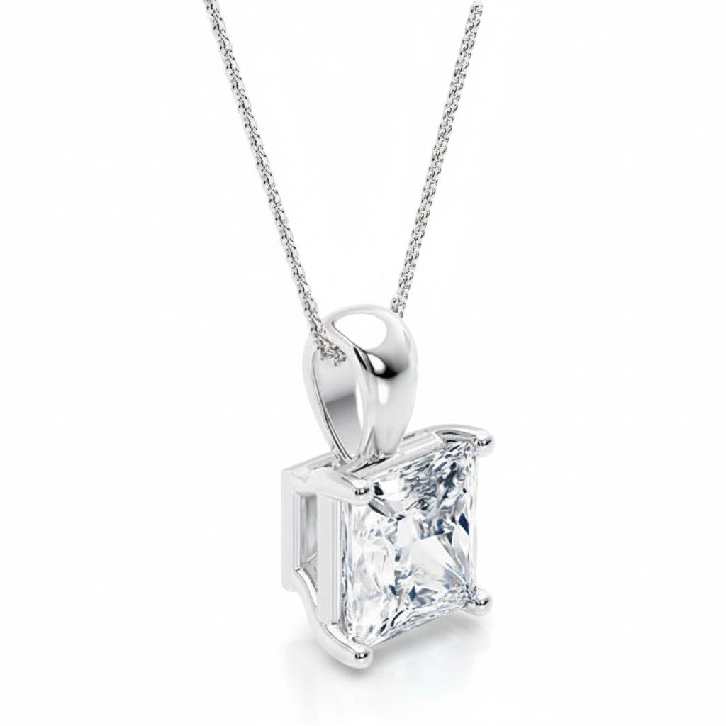 My Store 4 princess-cut diamond solitaire pendant in polished white gold with a four-prong setting on a fine chain.