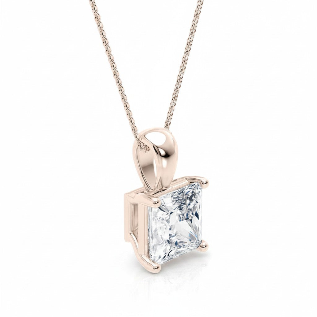 My Store 4 princess-cut diamond solitaire pendant in 18K rose gold with a polished drop bail on a fine cable chain.