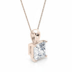 My Store 4 princess-cut diamond solitaire pendant in 18K rose gold with a polished drop bail on a fine cable chain.