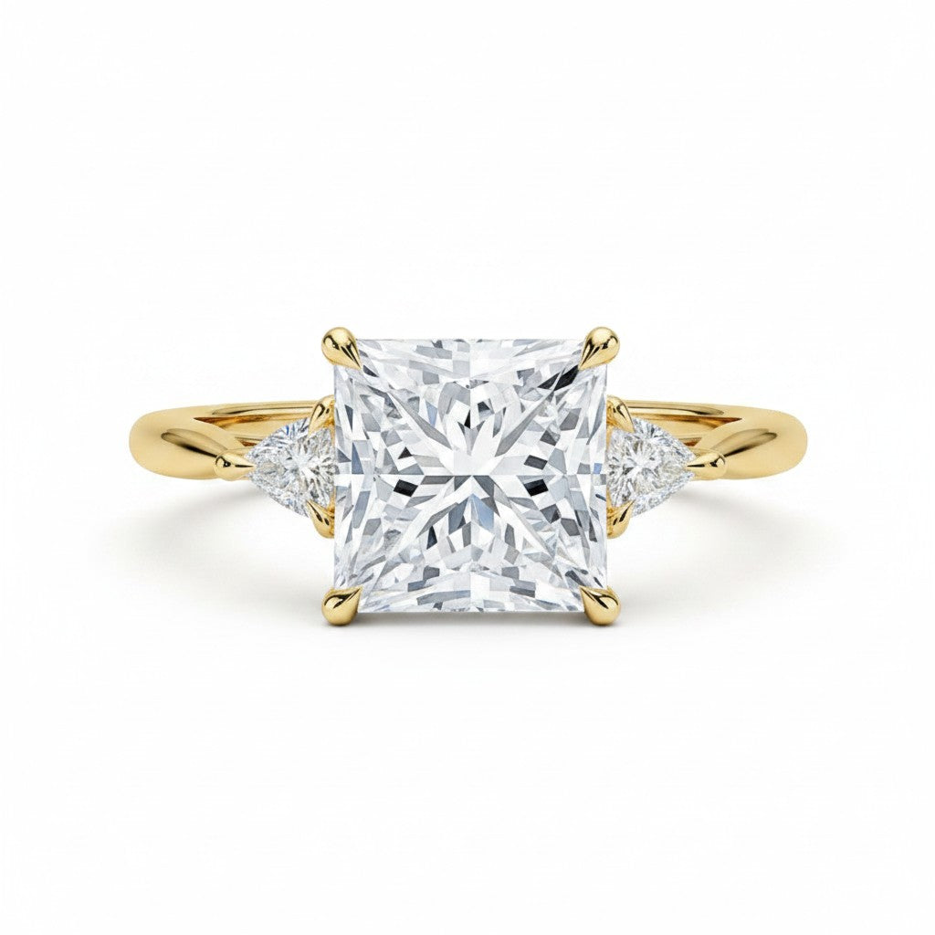 My Store 4 18K solid gold engagement ring featuring a princess-cut lab diamond center and trilliant side stones.