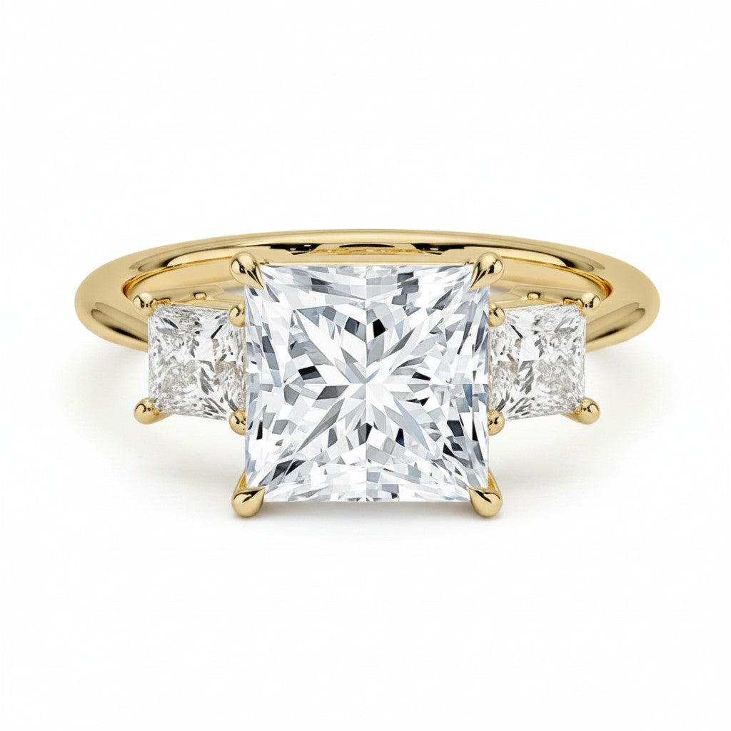 My Store 4 18K solid gold trilogy engagement ring featuring three princess-cut lab-grown diamonds in a prong setting.