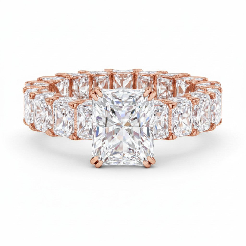 My Store 4 radiant cut diamond eternity band in rose gold with a prominent center stone and hidden halo setting