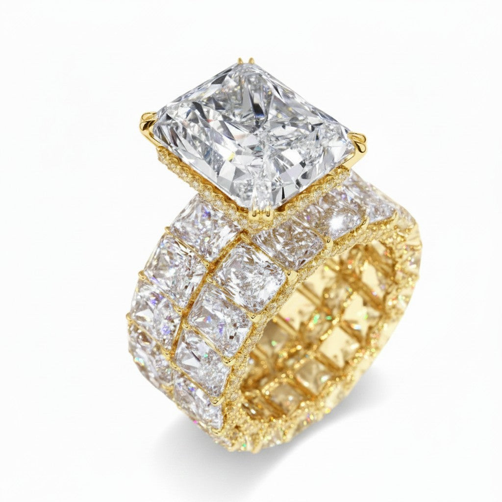 My Store 4 radiant cut diamond engagement ring and eternity band set in yellow gold with hidden halo detail.