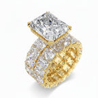 My Store 4 radiant cut diamond engagement ring and eternity band set in yellow gold with hidden halo detail.