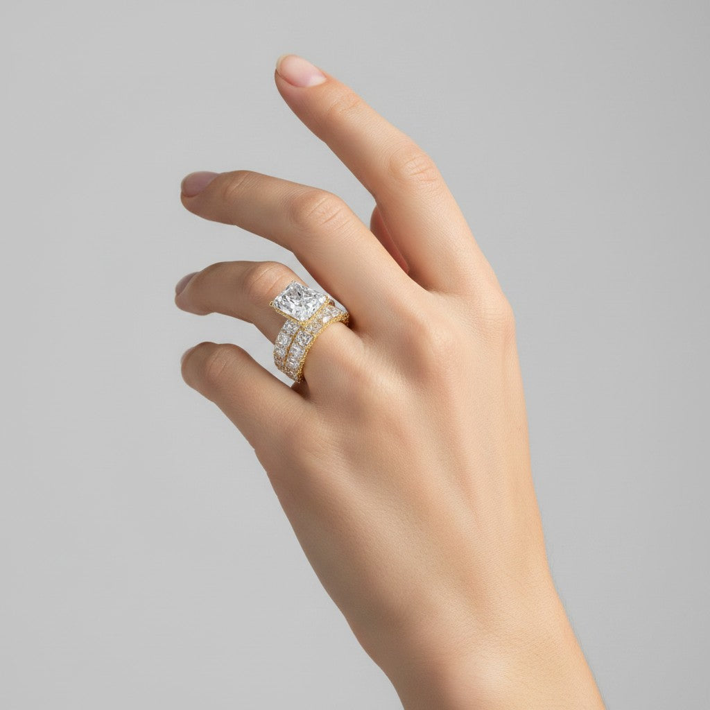 My Store 4 radiant cut diamond engagement ring and eternity band set with hidden halos on a hand