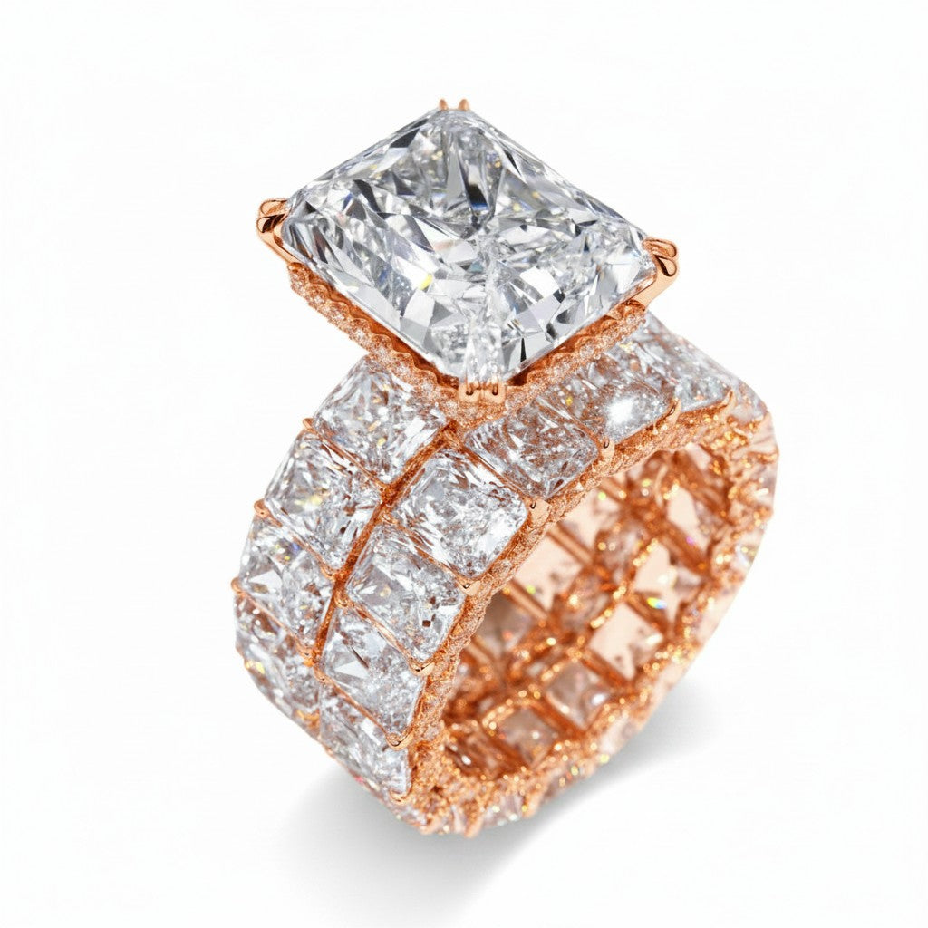 My Store 4 radiant cut diamond engagement ring and eternity band set in rose gold with micro-pavé hidden halos.