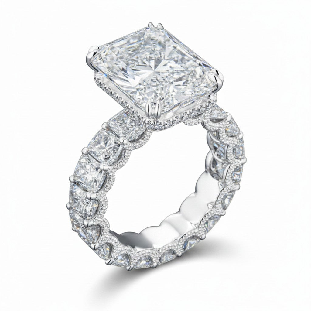 My Store 4 radiant cut diamond engagement ring with a micro-pavé hidden halo and a continuous radiant eternity band.
