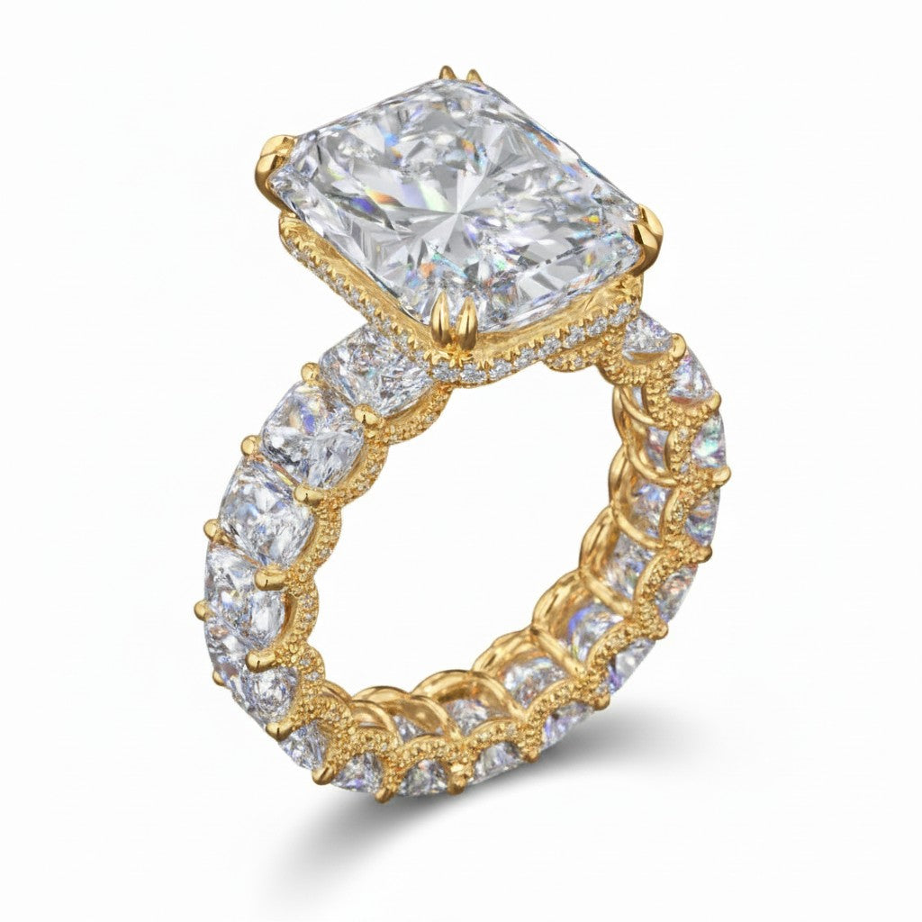 My Store 4 radiant cut diamond engagement ring with micro-pavé hidden halo and eternity band in yellow gold
