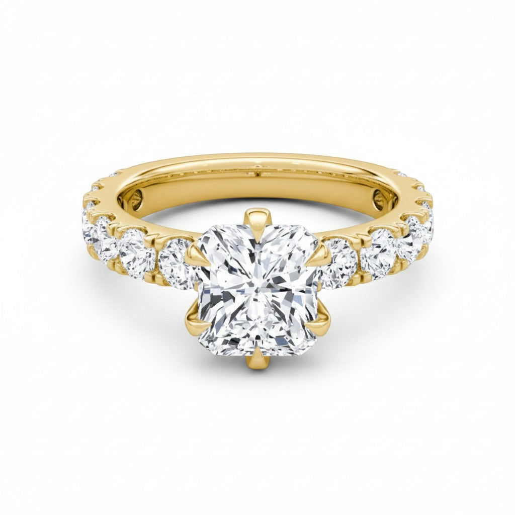 My Store 4 radiant cut solitaire engagement ring with a round diamond eternity band in polished yellow gold