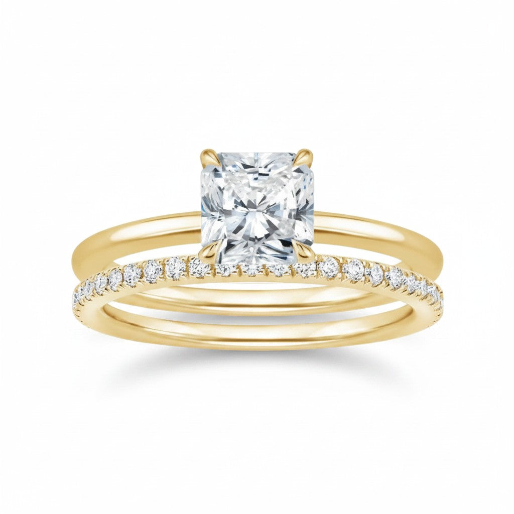 My Store 4 radiant cut solitaire engagement ring with a matching micro-pavé eternity wedding band in yellow gold.