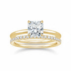 My Store 4 radiant cut solitaire engagement ring with a matching micro-pavé eternity wedding band in yellow gold.