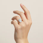 My Store 4 radiant cut solitaire engagement ring in solid yellow gold with a hidden halo on a model's hand