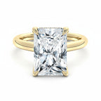 My Store 4 radiant cut solitaire engagement ring in solid yellow gold with a hidden halo and split shank design.