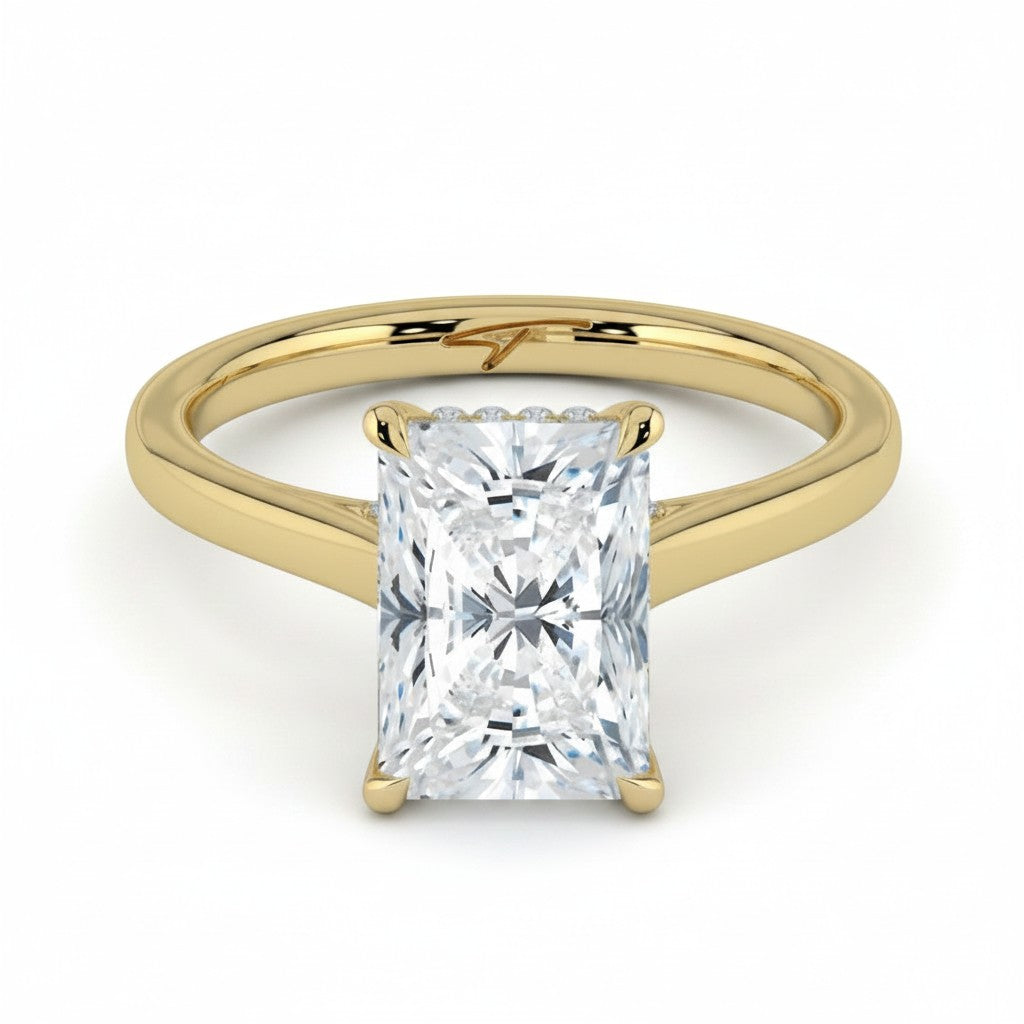 My Store 4 radiant cut solitaire engagement ring in yellow gold with a hidden halo and cathedral shoulders