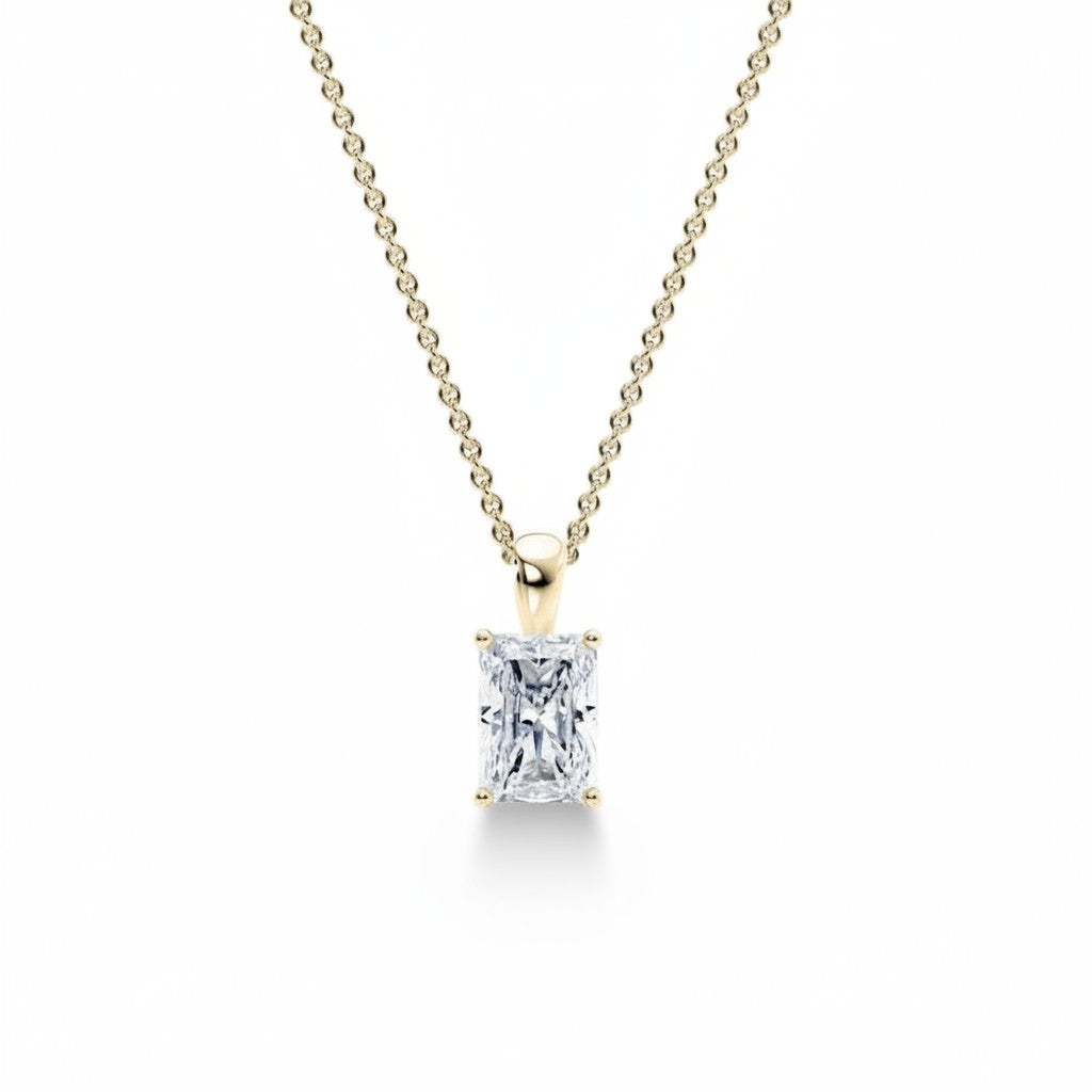 My Store 4 radiant-cut diamond solitaire pendant necklace in 18K yellow gold on a fine cable chain.