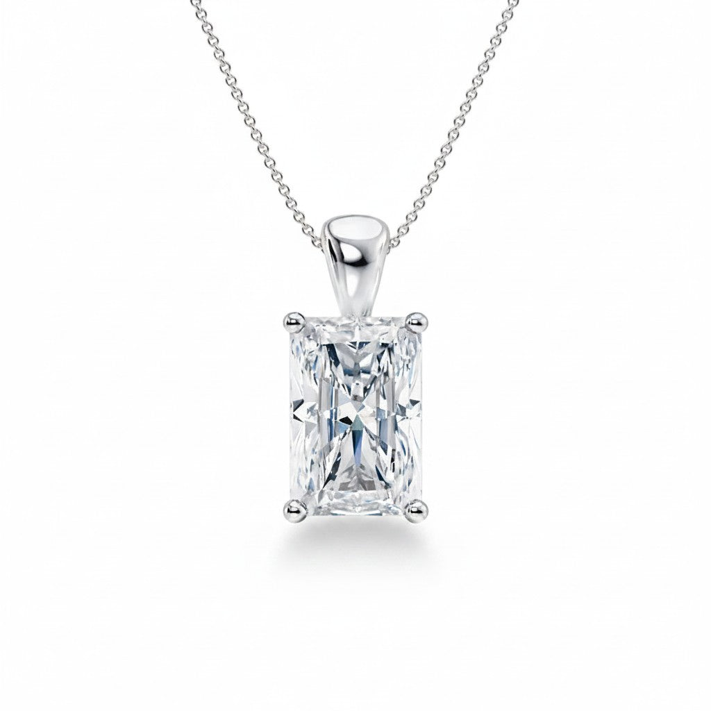 My Store 4 radiant-cut diamond solitaire pendant on a fine white gold cable chain with a polished tapered bail.