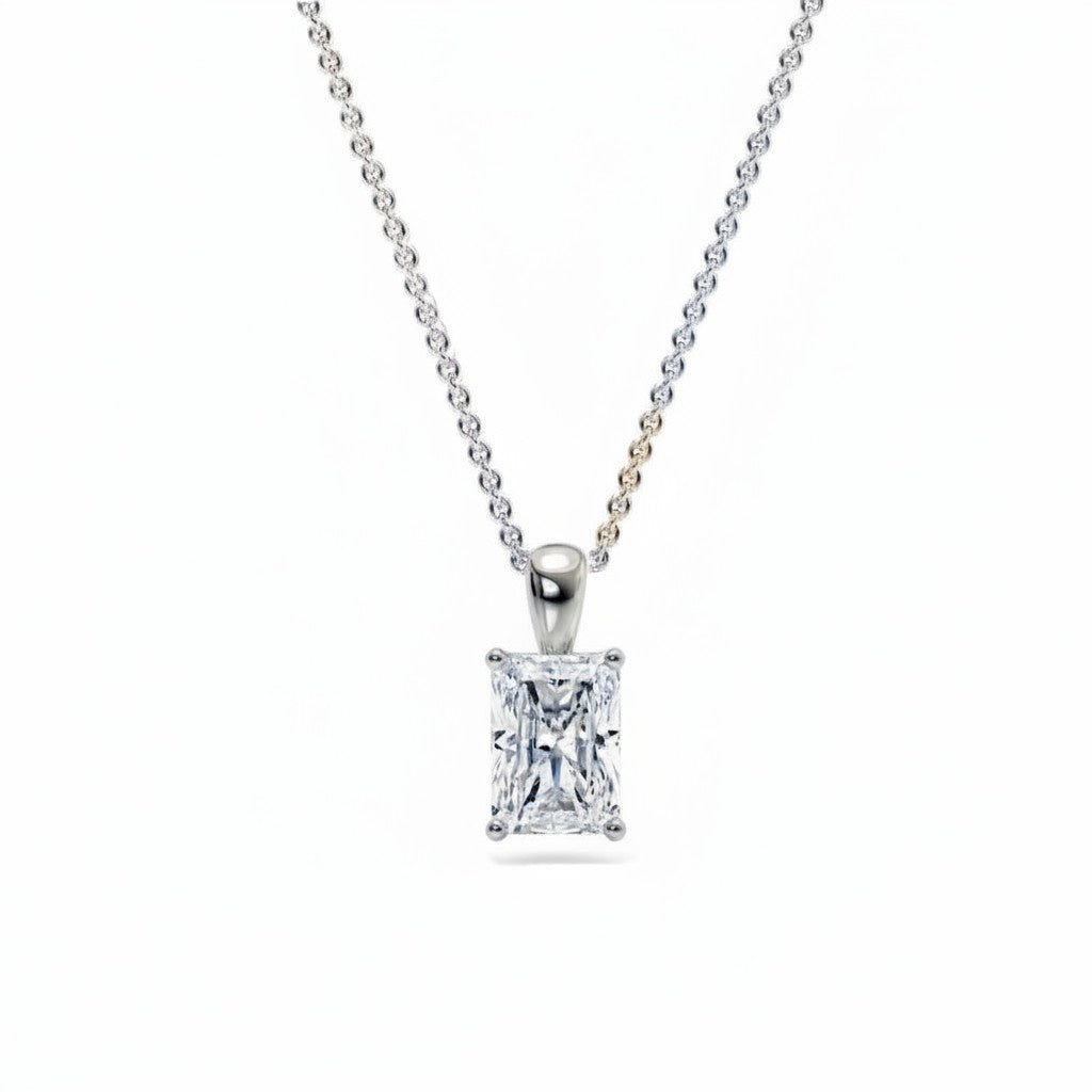 My Store 4 radiant-cut diamond solitaire pendant on a fine white gold cable chain with a four-prong setting.