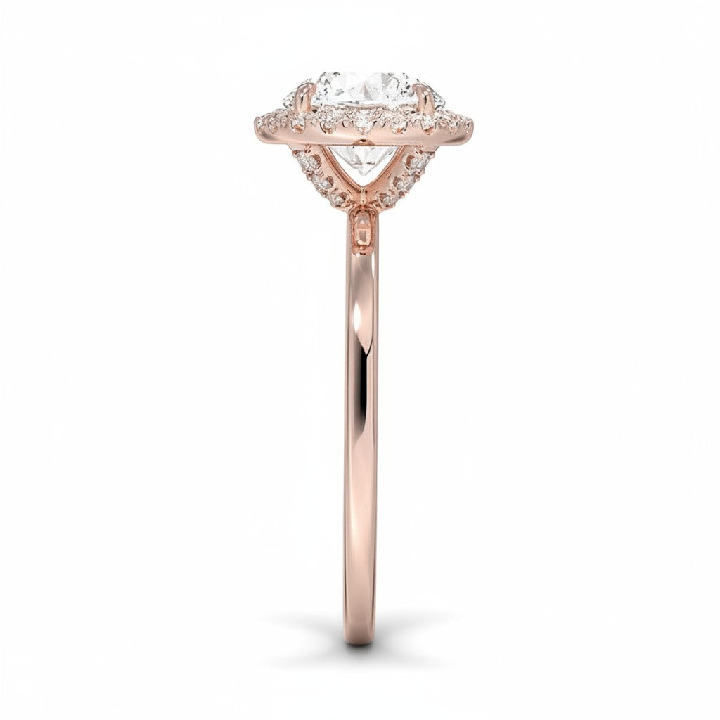My Store 4 18K solid gold radiant cut lab diamond halo ring, side profile view showing elegant setting and sparkle.
