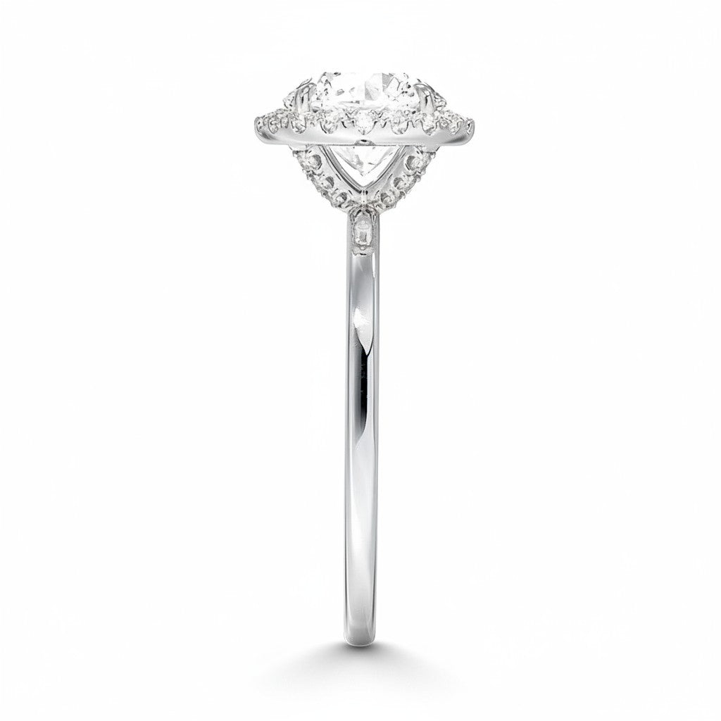 My Store 4 18K solid gold radiant cut lab-grown diamond ring with a sparkling halo setting, side profile view.