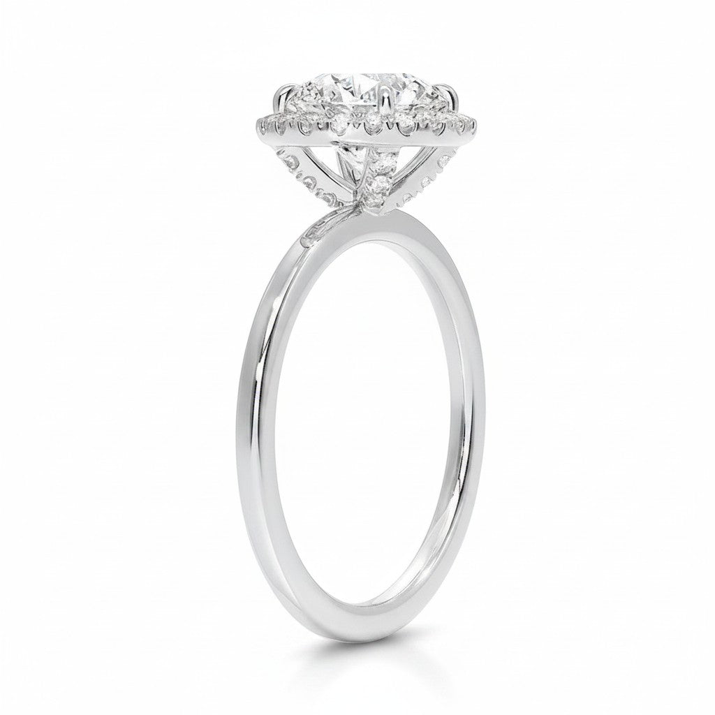 My Store 4 18K solid gold radiant cut lab diamond ring with a sparkling halo setting viewed from the side