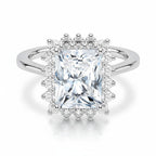 My Store 4 radiant-cut lab diamond engagement ring in 18K gold with a vintage-inspired halo setting.