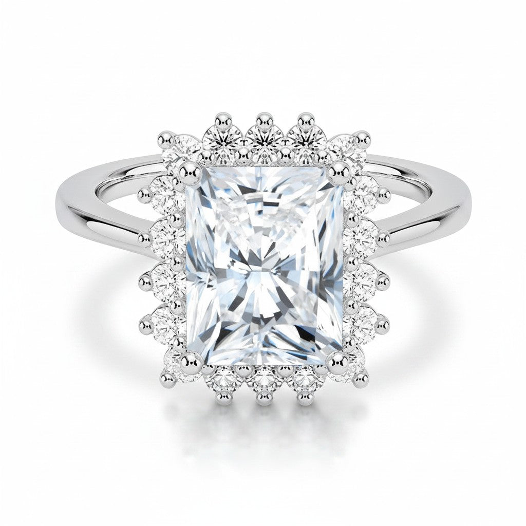 My Store 4 radiant-cut lab diamond engagement ring in 18K gold with a vintage-inspired halo setting.