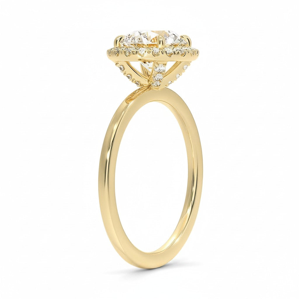 My Store 4 18K solid gold radiant-cut lab diamond ring with a sparkling halo setting, side profile view.