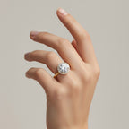 My Store 4 radiant-cut lab-grown diamond halo ring in 18K solid gold worn on a woman's finger