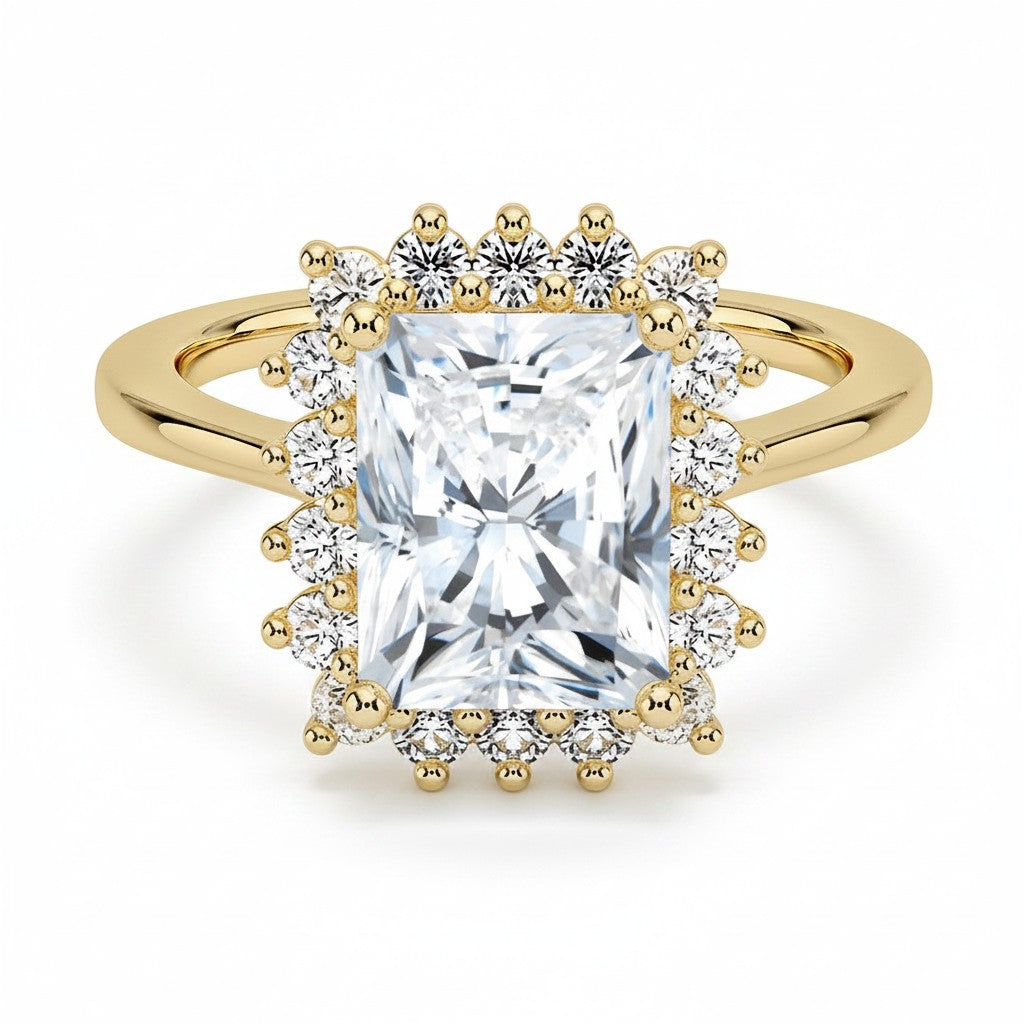 My Store 4 18K solid gold engagement ring featuring a radiant-cut lab-grown diamond with a vintage halo setting.
