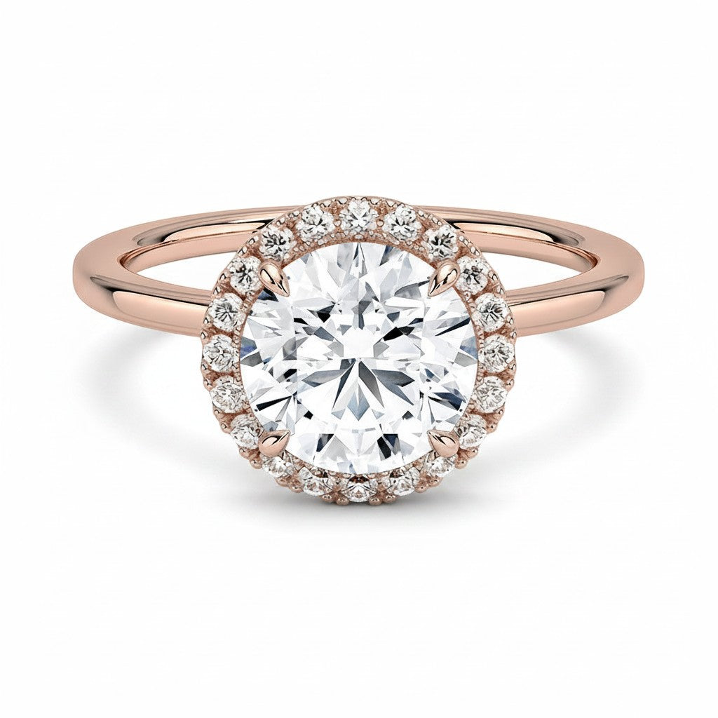 My Store 4 18K solid gold radiant cut lab-grown diamond ring with a sparkling halo setting on a white background.