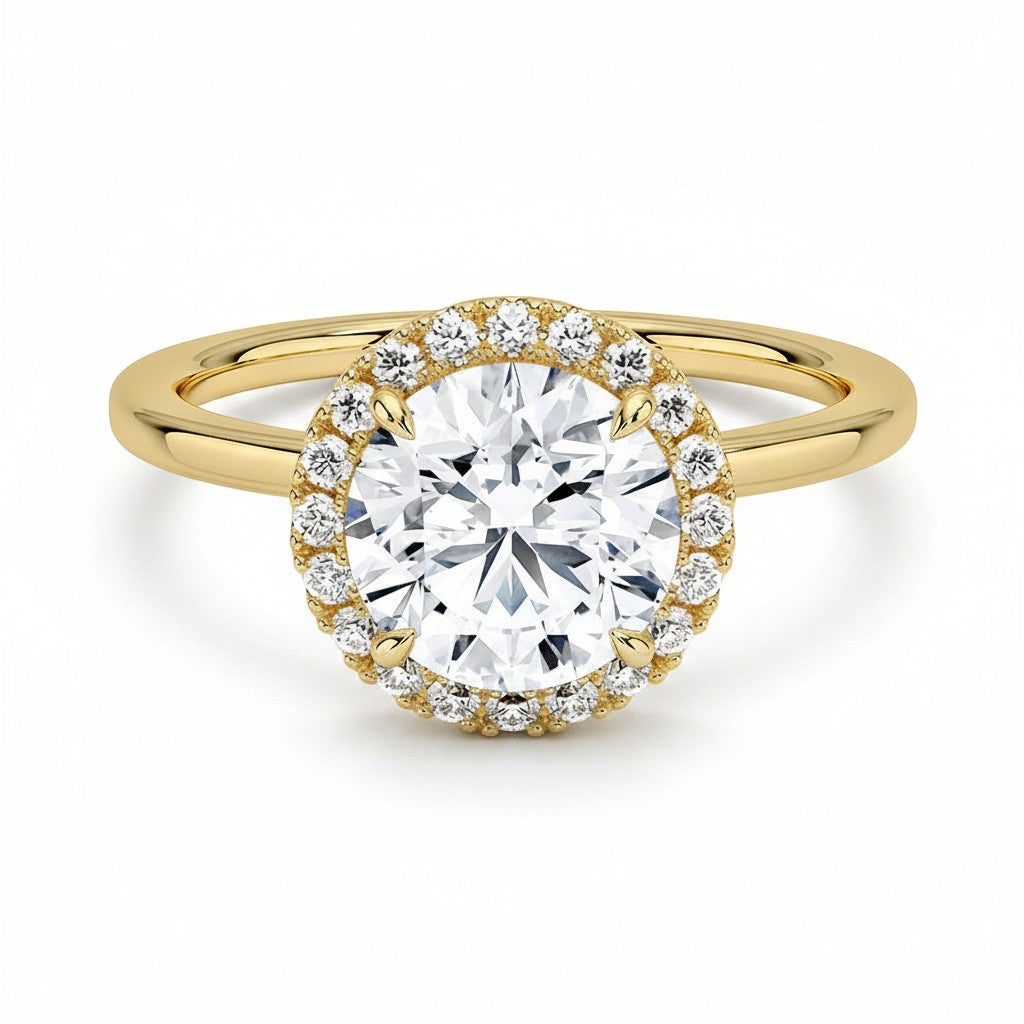 My Store 4 18K solid gold radiant cut lab-grown diamond ring featuring a sparkling halo setting on a polished band.