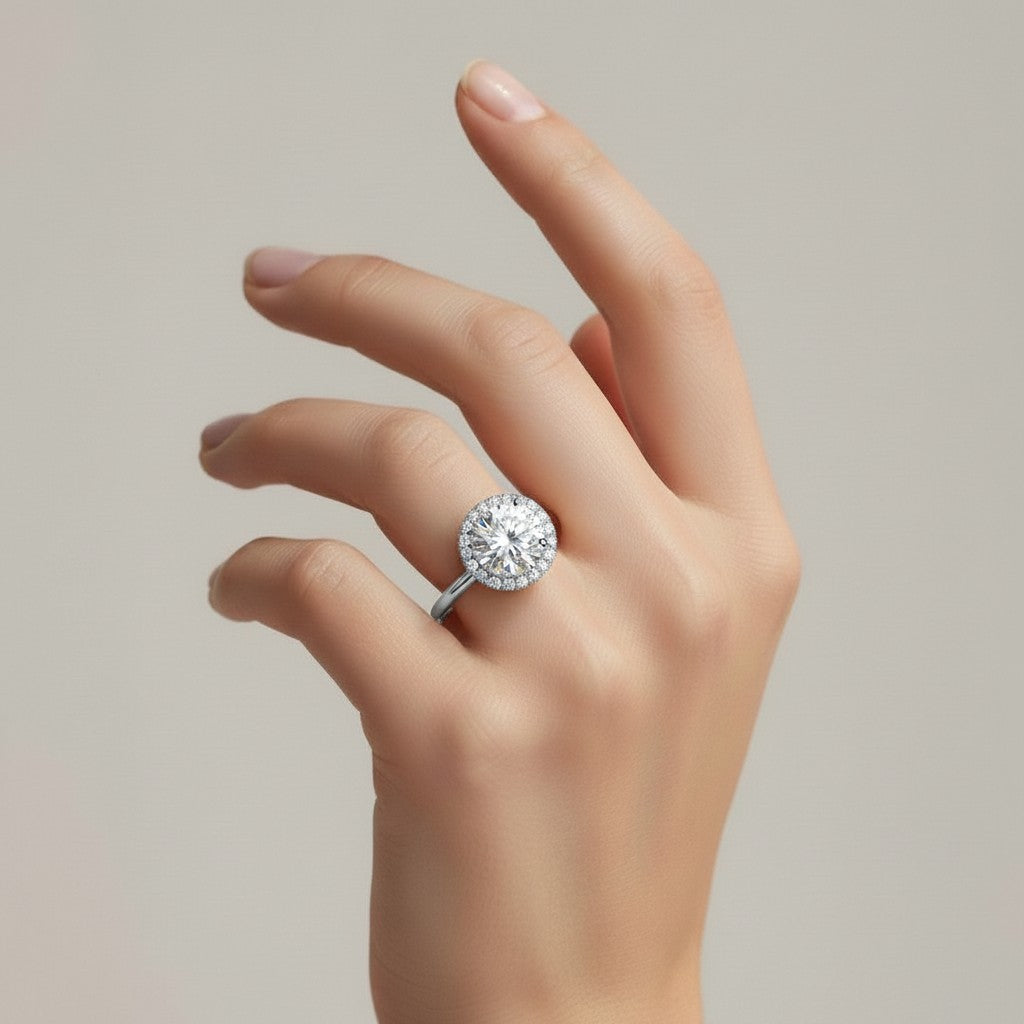 My Store 4 radiant-cut lab-grown diamond halo ring in 18K solid gold worn on a woman's finger