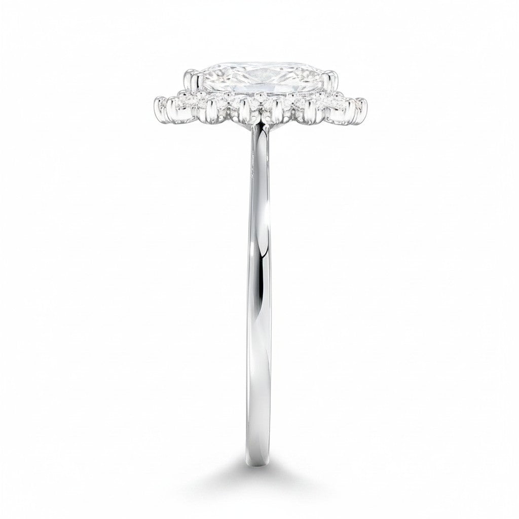 My Store 4 18K solid gold radiant-cut lab diamond engagement ring with a vintage halo setting, side profile view.